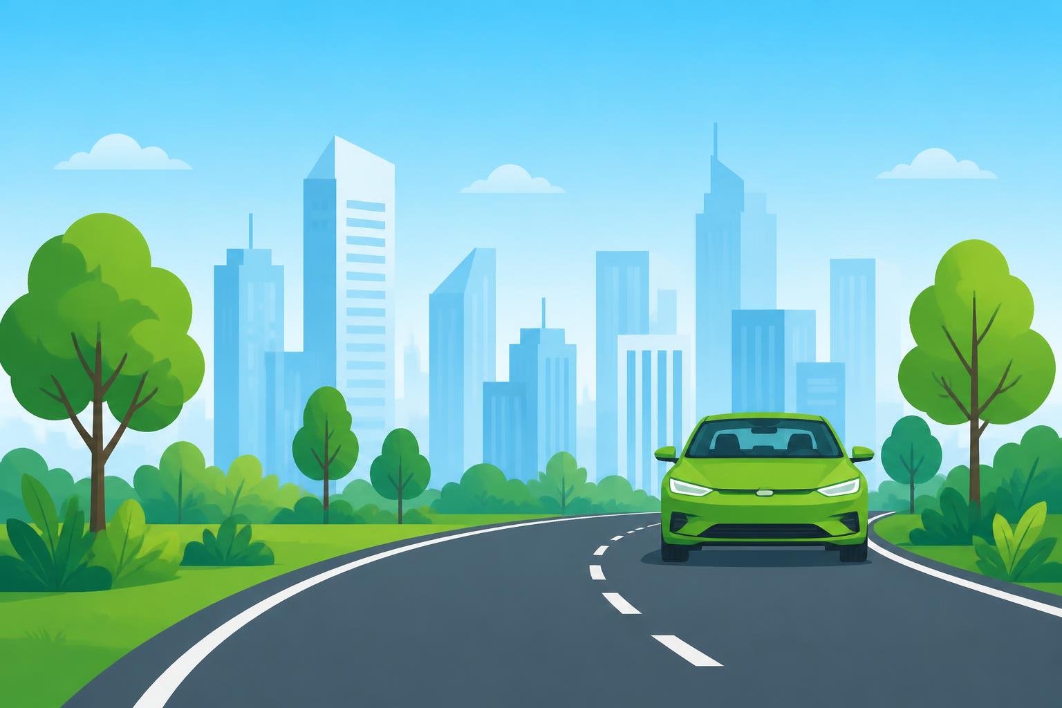 Green sedan driving toward viewer on a multi-lane road with city skyline in the background